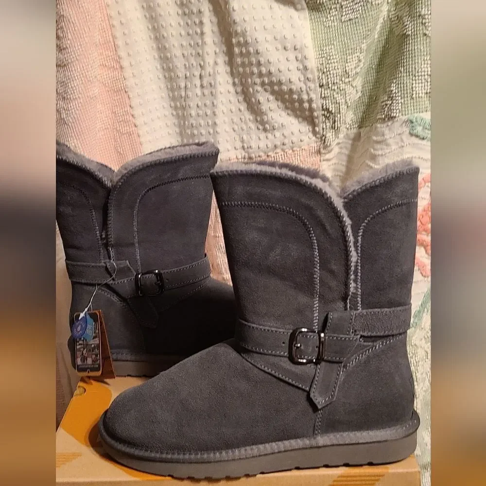 NEW LAMO UGG Like Gray Suede Shearling Sheepskin Buckle Boots 10